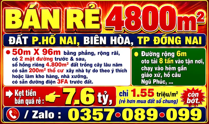 BÁN RẺ 4800m2 ĐẤT HỐ NAI, TP ĐỒNG NAI, 2 MẶT ĐƯỜNG RỘNG 6m SỔ HỒNG RIÊNG THỔ CƯ GẦN GIÁO XỨ NGŨ PHÚC
