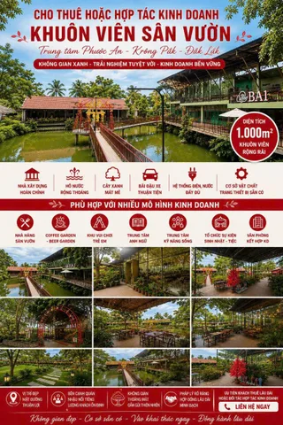 CHO THUÊ HOẶC HỢP TÁC KINH DOANH KHUÔN VIÊN SÂN VƯỜN ĐẸP TẠI TRUNG TÂM TT PHƯỚC AN