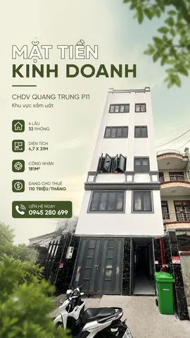 Nhỉnh 92tr/m2 CHDV HXH 579 Quang Trung P11 4,7x31 CN 181m2 ĐCT 110tr/thg giá 18 tỷ TL