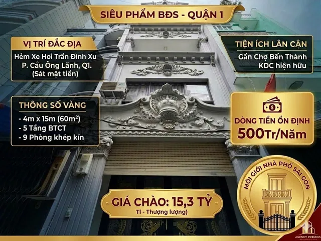 CHDV 5 TẦNG BTCT, HXH TRẦN ĐÌNH XU, QUẬN 1, GẦN CHỢ BẾN THÀNH, 500TR/NĂM, SHR, HOÀN CÔNG ĐỦ