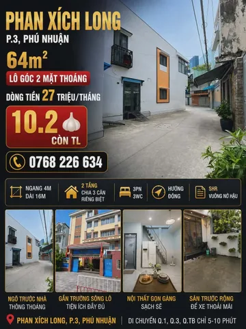📍 Phan Xích Long, P.3, Phú Nhuận. 64m² lô góc 2 mặt thoáng. Dòng tiền 27 triệu/tháng. 💰10.2🧄 còn TL 📱0768 226 634