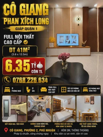 Cô Giang, khu Phan Xích Long, giáp Quận 1. Full nội thất cao cấp. 41m². 💰6.35🧄 còn TL. 📱0768 226 634