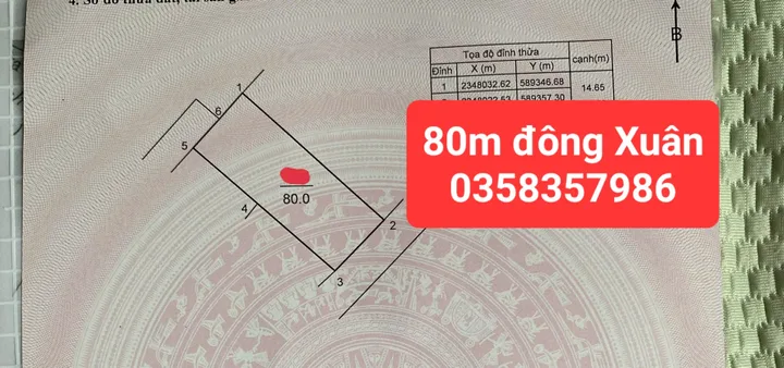 Bán đất Đông Xuân DT 80m vuông,MT 5.36m full thổ cư,giá bán 2 tỷ 450 triệu