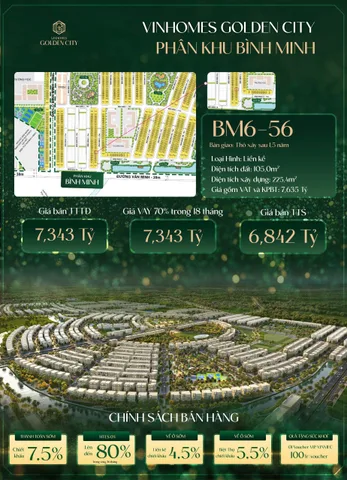 Bán liền kề BM6-56 Vinhomes Golden City Hải Phòng – 105m², gần trường học, giá từ 6,842 tỷ