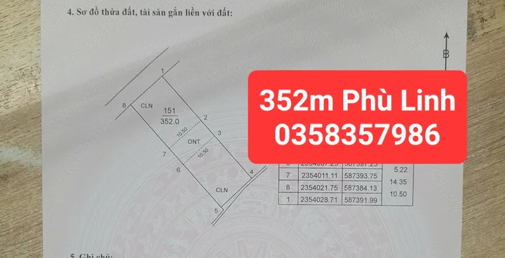 Bán nhà xã Phù Linh DT 352m,MT 10.5m
54m thổ cư,giá bán 7 tỷ 8