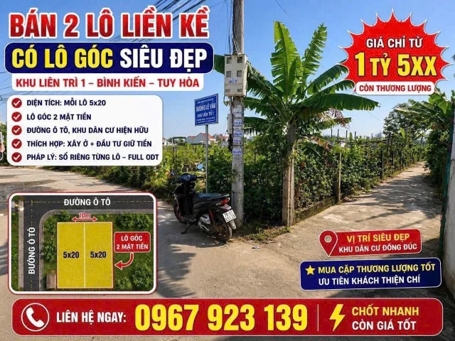 🔥 BÁN 3 LÔ LIỀN KỀ – CÓ LÔ GÓC SIÊU ĐẸP 🔥
📍 Khu Liên Trì 1 – Bình Kiến – TP Tuy Hòa

📐 Diện tích: mỗi lô 5x20m – vuông vức đẹp

💰 Giá bán:
▫️ Lô góc 2 mặt tiền: 1 tỷ 750
▫️ Lô kế bên: 1 tỷ 550
▫️ Lô hậu: 850 triệu

🚗 Đường ô tô rộng, khu dân cư 