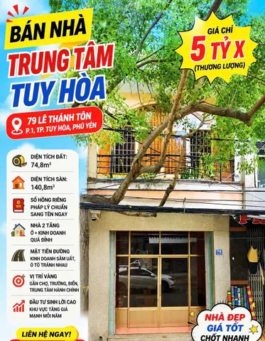 🏡 BÁN NHÀ MẶT TIỀN TRUNG TÂM TP TUY HÒA 🏡

📍 Địa chỉ: 79 Lê Thánh Tôn, Phường 1, TP Tuy Hòa, Phú Yên
📐 Diện tích đất: 74,8m²
🏠 Diện tích sàn: 140,8m²
🏡 Nhà phố 2 tầng – vừa ở vừa kinh doanh tốt
📕 Pháp lý sổ hồng riêng, sang tên nhanh

✨ Ưu điểm:
