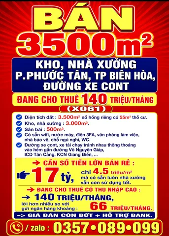 BÁN 3500m2 KHO, NHÀ XƯỞNG P.PHƯỚC TÂN, BIÊN HÒA, ĐỒNG NAI, ĐANG CHO THUÊ 140 TRIỆU/THÁNG