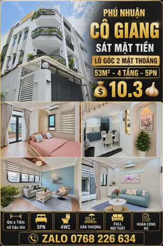 🍀 PHÚ NHUẬN, CÔ GIANG, SÁT MẶT TIỀN, LÔ GÓC 2 MẶT THOÁNG, 53M², 4T, 5PN 💰10.3🧄