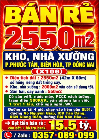 BÁN RẺ 2550m2 KHO, NHÀ XƯỞNG P.PHƯỚC TÂN, BIÊN HÒA, TP ĐỒNG NAI, GẦN QL51, ICD TÂN CẢNG, VÕ NGUYÊN GIÁP