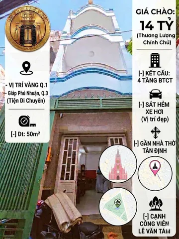 QUẬN 1, P. TÂN ĐỊNH, NHÀ 4 TẦNG BTCT GẦN NHÀ THỜ TÂN ĐỊNH, 50M2, SHR, HOÀN CÔNG ĐỦ