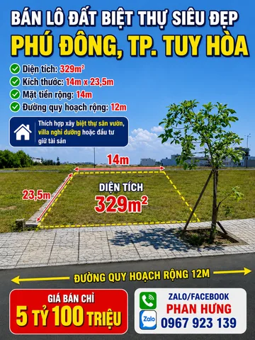 🏡 BÁN LÔ ĐẤT BIỆT THỰ SIÊU ĐẸP – PHÚ ĐÔNG, TP. TUY HÒA 🌿

📍 Khu dân cư phía Đông khu nhà ở cán bộ Chiến sĩ Công an tỉnh, phường Phú Đông, TP. Tuy Hòa.

✅ Diện tích: 329m²
✅ Kích thước đẹp: 14m × 23,5m
✅ Đường quy hoạch rộng 12m
✅ Đất ở đô thị (ODT)