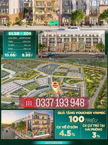 Bán shophouse 100m2 hai mặt tiền DLSB-205 khu Mặt Trời Vinhomes Dương Kinh Hải Phòng.