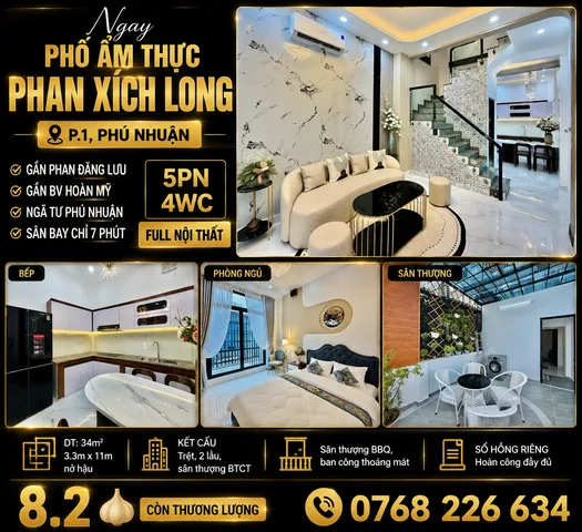 NGAY PHỐ ẨM THỰC PHAN XÍCH LONG, P.1, PHÚ NHUẬN. 5PN 4WC FULL NỘI THẤT.