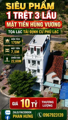 🏡 SIÊU PHẨM NHÀ 1 TRỆT 3 LẦU MẶT TIỀN HÙNG VƯƠNG 🏡

📍 Tọa lạc tại Khu Tái Định Cư Phú Lạc – vị trí đẹp, khu dân cư hiện hữu, hạ tầng đồng bộ.

✨ Nổi bật:
✅ Nhà xây kiên cố 1 trệt 3 lầu, thiết kế hiện đại
✅ Mặt tiền đường Hùng Vương 4 làn xe rộng rãi