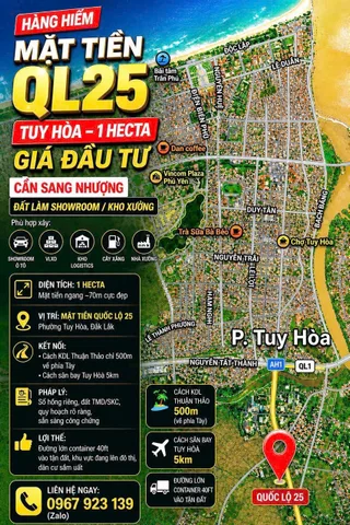 🚨 HÀNG HIẾM MẶT TIỀN QL25 TUY HÒA - 1 HECTA GIÁ ĐẦU TƯ 

CẦN SANG NHƯỢNG ĐẤT LÀM SHOWROOM/KHO XƯỞNG
Phù hợp xây: Showroom ô tô, VLXD, kho logistics, cây xăng, nhà xưởng...
•  Diện tích: 10.000m² = 1 Hecta, mặt tiền ngang ∼70m cực đẹp
•  Vị trí: Mặt t