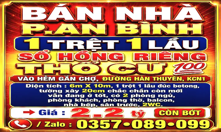 BÁN NHÀ AN BÌNH, 1TRỆT 1LẦU, SỔ HỒNG RIÊNG THỔ CƯ, GẦN CHỢ, KCN1