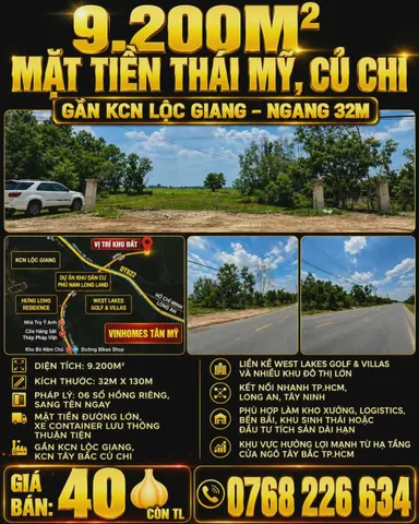 9.200M² MẶT TIỀN THÁI MỸ, CỦ CHI. GẦN KCN LỘC GIANG. NGANG 32M. 💰40🧄 CÒN TL