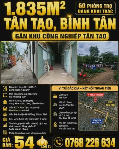 🏡 1.835M² TÂN TẠO, BÌNH TÂN. 60 PHÒNG TRỌ ĐANG KHAI THÁC. GẦN KCN TÂN TẠO. 💰54🧄 CÒN TL. 📱0768 226 634