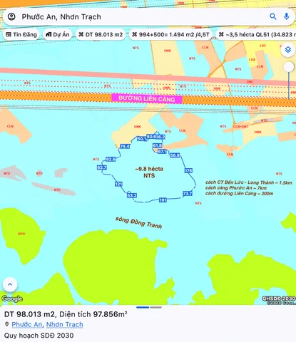 9,8 hécta đất Nuôi trồng thuỷ sản mặt sông Đồng Tranh - Phước An, Nhơn Trạch, Thành phố mới Đồng Nai