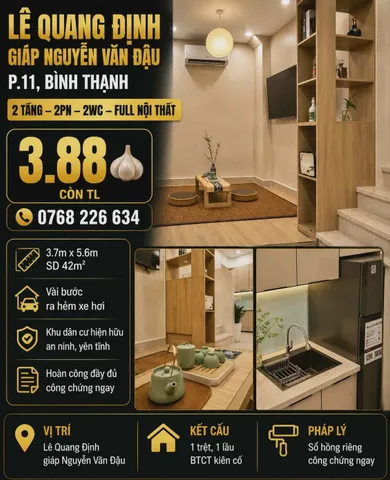 Lê Quang Định giáp Nguyễn Văn Đậu, P.11, Bình Thạnh. Full nội thất. 2T, 2PN, 2WC. 💰3.88🧄 còn TL. 📱0768 226 634