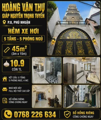 Hoàng Văn Thụ giáp Nguyễn Trọng Tuyển, P.8 Phú Nhuận. Hẻm xe hơi. 5T 5PN. DT 45m². 💰10.9🧄 còn TL. 📱0768 226 634