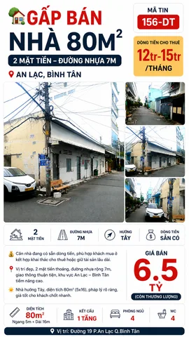 🏡BÁN GẤP NHÀ 80M² (5x16) – 2 MẶT TIỀN – ĐƯỜNG NHỰA 7M – HƯỚNG TÂY – AN LẠC, BÌNH TÂN