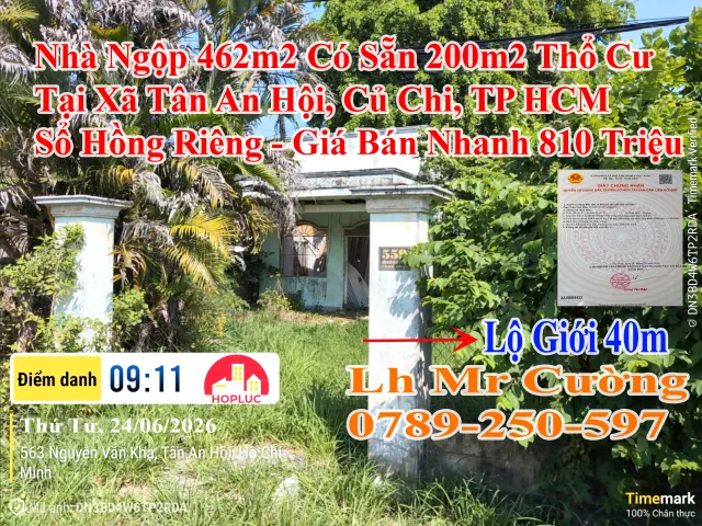 🔥Nhà 462m² có 200m² thổ cư, gần Bệnh Viện Đa Khoa Củ Chi, KCN Tây Bắc, QL22, giá chỉ 810 triệu🔥