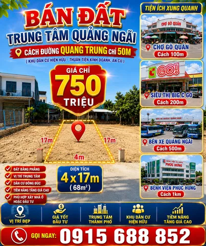 Chỉ 750 triệu CÓ NGAY LÔ ĐẤT trung tâm Quảng Ngãi, cách đường Quang Trung chỉ 50m