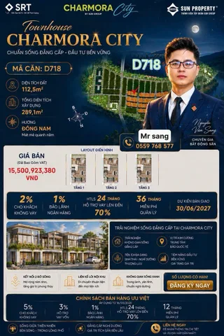💎 THÔNG TIN CĂN TOWNHOUSE D718:
 Diện tích đất: 112,5m^2 – Rộng rãi, thoáng đãng.
 Tổng diện tích xây dựng: 289,1m^2 – Thiết kế 3 tầng thông minh. Giá chủ đầu tư  15ty5 hoa hông chủ đầu tư