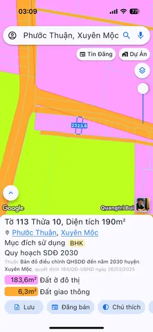 Bán đất chính chủ phước thuận 190mv thổ 90mv 2 mặt tiền