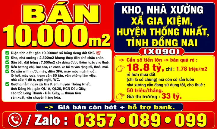 BÁN RẺ 10000m2 KHO, NHÀ XƯỞNG XÃ GIA KIỆM, HUYỆN THỐNG NHẤT, TP ĐỒNG NAI, GẦN QL1A, QL20