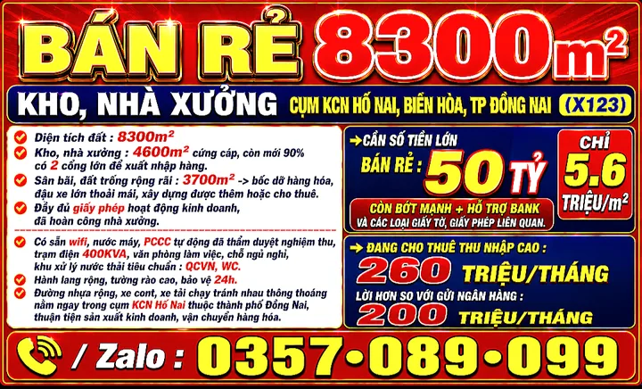 BÁN RẺ 8300m2 KHO, NHÀ XƯỞNG CỤM KCN HỐ NAI, BIÊN HÒA, TP ĐỒNG NAI