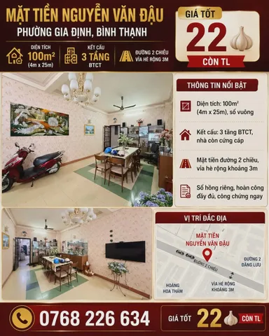 MẶT TIỀN NGUYỄN VĂN ĐẬU, PHƯỜNG GIA ĐỊNH, BÌNH THẠNH. 100M². 3 TẦNG. 💰22🧄 CÒN TL
💰 22🧄 còn TL
📱 0768 226 634
