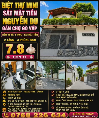 BIỆT THỰ MINI SÁT MẶT TIỀN NGUYỄN DU, GẦN CHỢ GÒ VẤP. 52M². 3PN. 💰 7.8 🧄 CÒN TL. 📱 0768 226 634
💰 7.8 🧄 CÒN TL
📱 0768 226 634