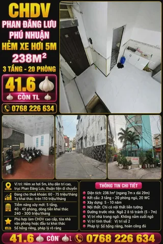 CHDV PHAN ĐĂNG LƯU, PHÚ NHUẬN. HẺM XE HƠI 5M. 238M². 3 TẦNG. 20 PHÒNG. 💰41.6🧄 CÒN TL. 📱0768 226 634

💰 41.6🧄 còn TL
📱 0768 226 634