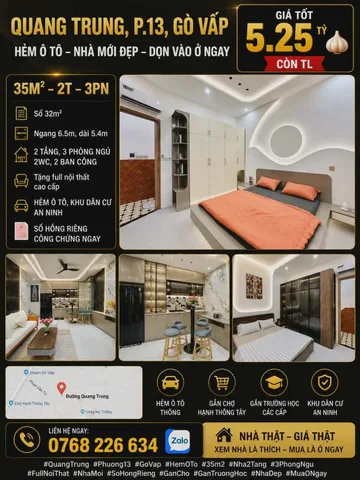 QUANG TRUNG, PHƯỜNG 13, GÒ VẤP. HẺM Ô TÔ. 35M². 2T. 3PN. 💰 5.25 🧄 CÒN TL. 📱 0768 226 634