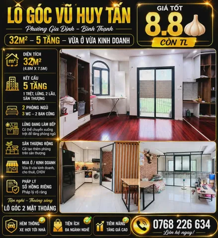 LÔ GÓC VŨ HUY TẤN, PHƯỜNG GIA ĐỊNH, BÌNH THẠNH. 32M². 5 TẦNG. 💰8.8🧄 CÒN TL
💰 8.8🧄 CÒN TL
📱 0768 226 634