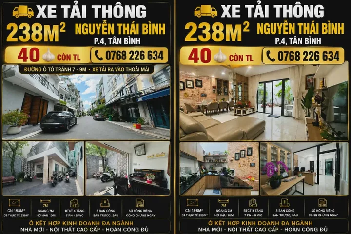 XE TẢI THÔNG. 238M². NGUYỄN THÁI BÌNH, P.4, TÂN BÌNH. 💰 40 🧄 CÒN TL. 📱 0768 226 634