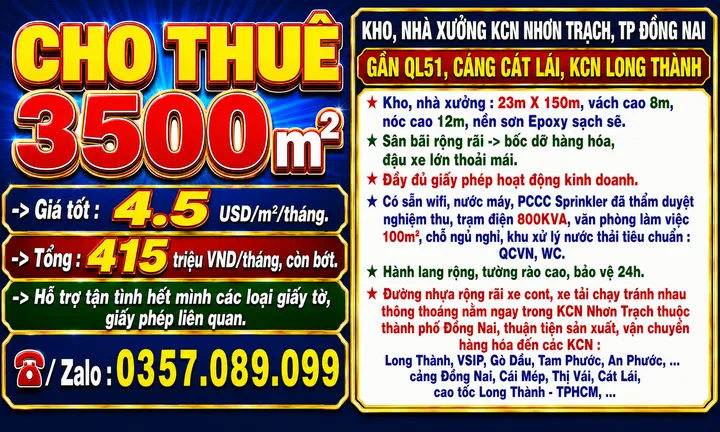 CHO THUÊ 3500m2 KHO, NHÀ XƯỞNG KCN NHƠN TRẠCH, ĐỒNG NAI GẦN QL51, CẢNG CÁT LÁI, LONG THÀNH
