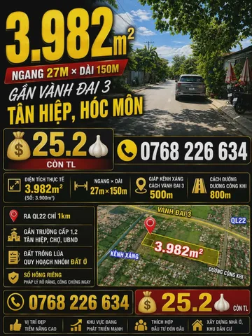 🏡 GẦN VÀNH ĐAI 3. TÂN HIỆP, HÓC MÔN. ĐẤT DIỆN TÍCH LỚN. 💰25.2🧄 CÒN TL. 📱0768 226 634