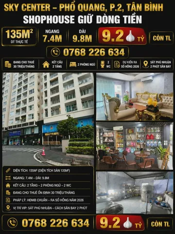 SKY CENTER. PHỔ QUANG, PHƯỜNG 2, TÂN BÌNH. SHOPHOUSE GIỮ DÒNG TIỀN. 💰9.2🧄 CÒN TL. 📱0768 226 634