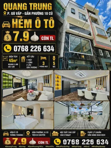 QUANG TRUNG, GÒ VẤP. GẦN PHƯỜNG 10 CŨ. HẺM Ô TÔ. 45M². 💰7.9🧄 CÒN TL. 📱0768 226 634