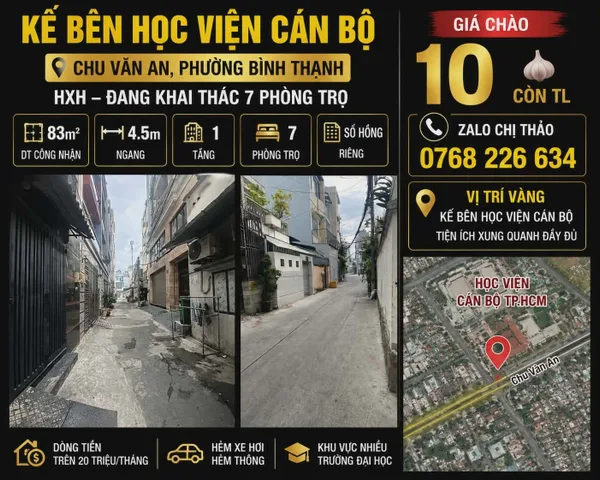 🏡 KẾ BÊN HỌC VIỆN CÁN BỘ. CHU VĂN AN. HXH. 83M². 💰10🧄 CÒN TL
💰 10🧄 còn TL
📱 0768 226 634