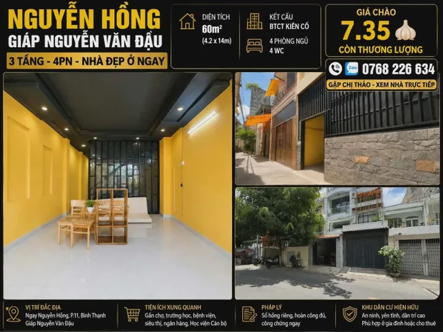 🏡 NGUYỄN HỒNG. GIÁP NGUYỄN VĂN ĐẬU. 3 TẦNG. 4PN. 💰7.35🧄 CÒN TL
💰 7.35🧄 còn TL
📱 0768 226 634