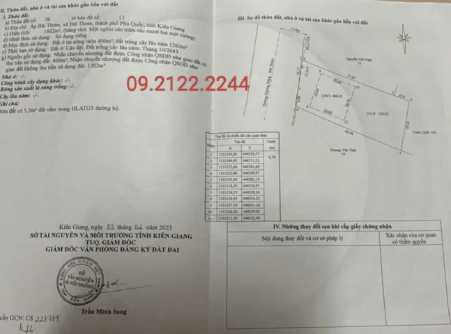 Bán đất 1662m2 có 400m2 thổ cư Ngang 27m Mặt tiền đường Bãi Thơm - Dương Đông tại Đặc khu Phú Quốc