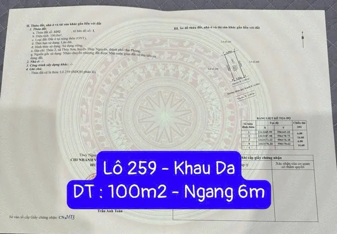 Chủ gửi bán 100 m Khâu Da ngang 6 m , cơ sở hạ tầng đồng bộ .l/h;076.231.9990 e Thúy