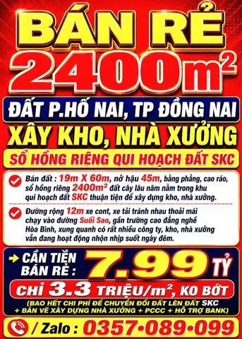 BÁN RẺ 2400m2 ĐẤT HỐ NAI, TP ĐỒNG NAI, XÂY KHO, NHÀ XƯỞNG, SỔ HỒNG RIÊNG QUI HOẠCH SKC