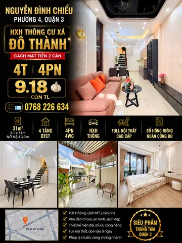 Nguyễn Đình Chiểu p4,q3,HXH thông cư xá đô thành, cách MT 2 căn ,4T 4 PN 👉0768226634