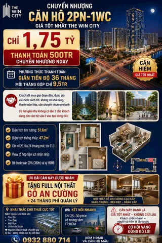 💥CHUYỂN NHƯỢNG CĂN HỘ 2PN-1WC GIÁ TỐT NHẤT THE WIN CITY – Chỉ 1,75TỶ (CĂN HIẾM)